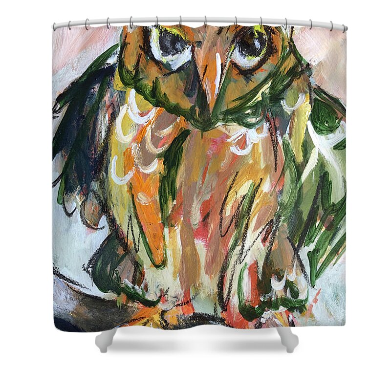 Owls Shower Curtain featuring the painting I Mean Business by Sharon Sieben