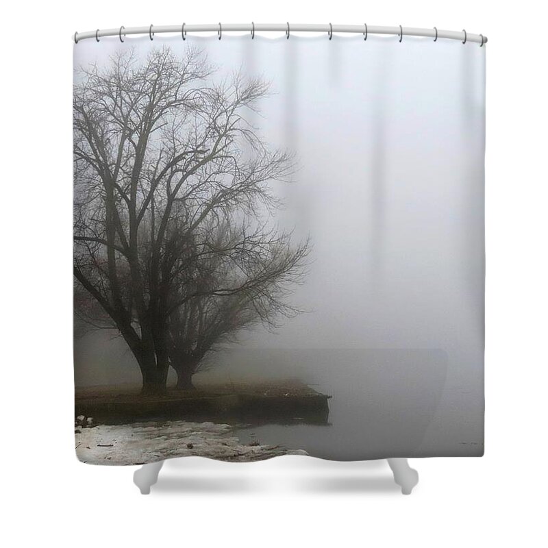 Fog Shower Curtain featuring the photograph Ice and Fog on the Delaware River by Linda Stern