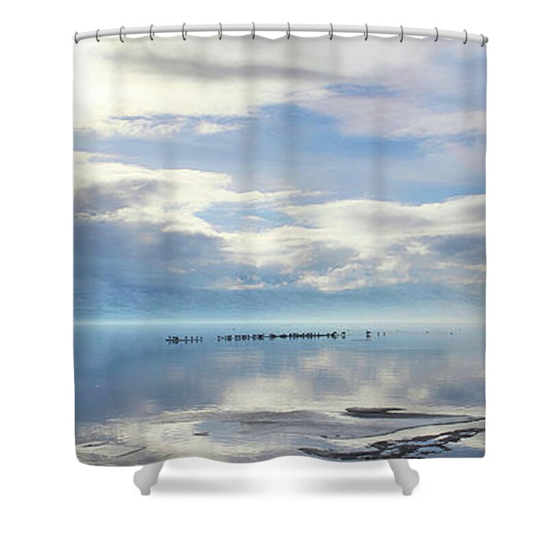 Landscape Shower Curtain featuring the photograph Ice Floes on Okanagan Lake Panorama by Allan Van Gasbeck