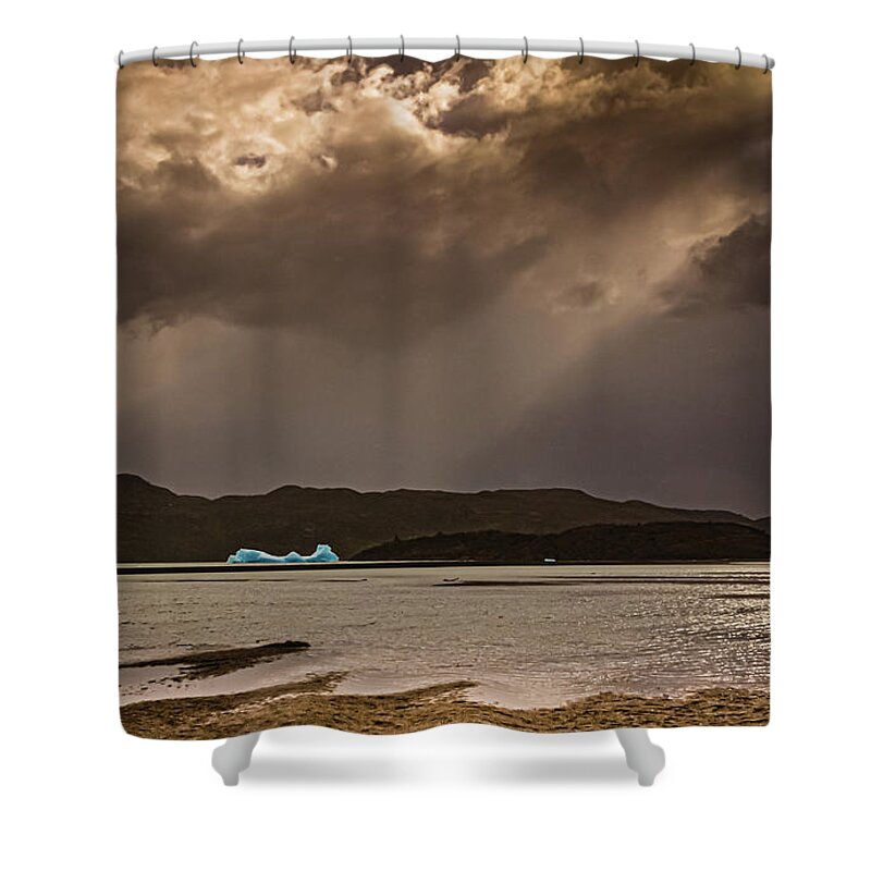Iceberg Shower Curtain featuring the photograph Iceberg lit by the sun on Lago Grey by Lyl Dil Creations