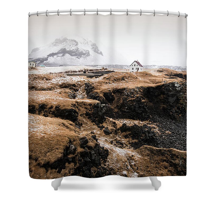 Arnarstapi Shower Curtain featuring the photograph Lonely house in winter Iceland #1 by Michalakis Ppalis