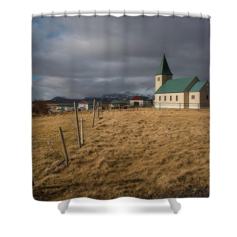 Icelandic Shower Curtain featuring the photograph Icelandinc landscape with traditional church in Iceland by Michalakis Ppalis