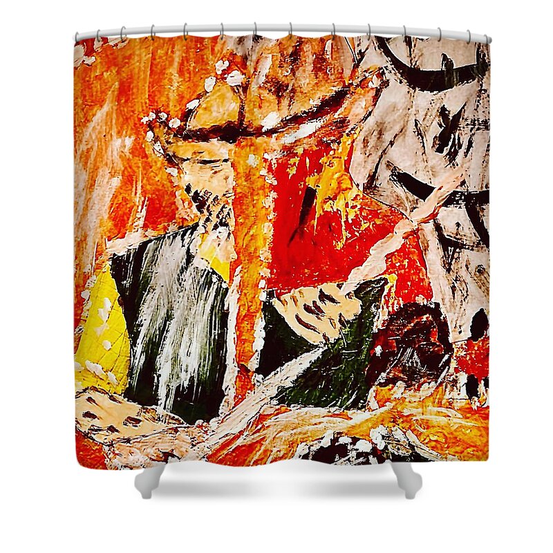  Shower Curtain featuring the painting Iconic Bull Rider by Bencasso Barnesquiat