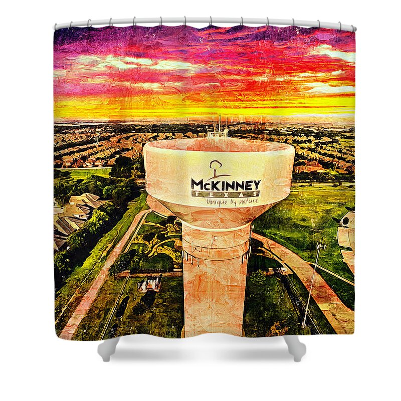 Water Tower Shower Curtain featuring the digital art Iconic water tower in western McKinney, Texas, at sunset by Nicko Prints