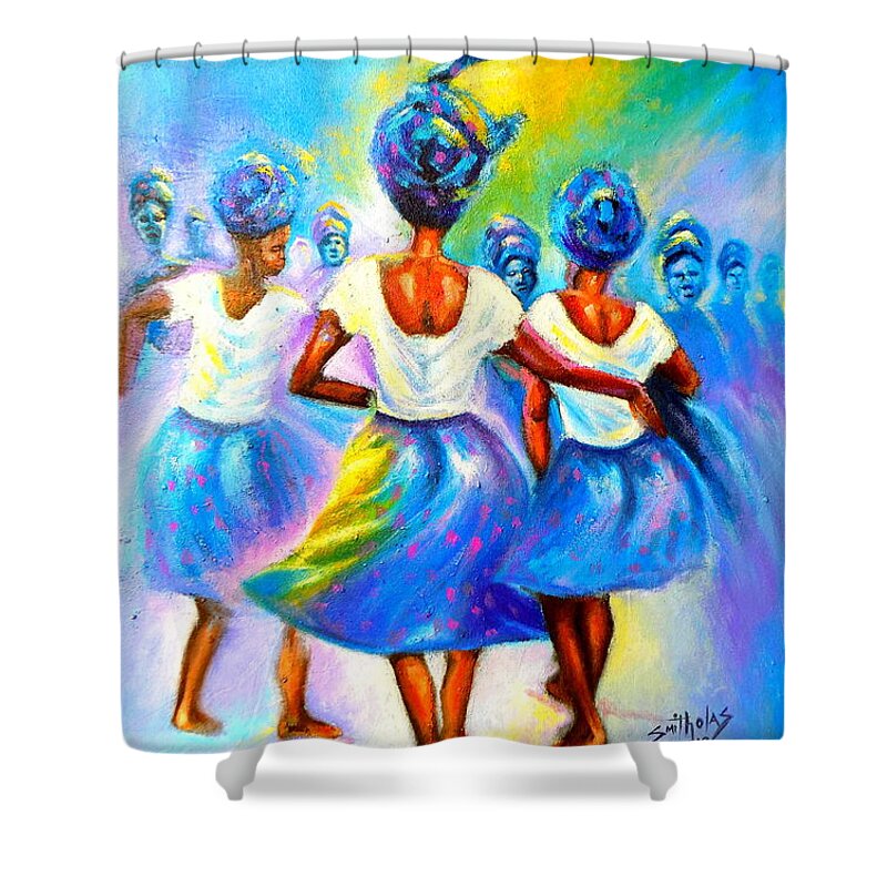 Living Room Shower Curtain featuring the painting 'Ijoya' 'Time to Dance' in Yoruba by Olaoluwa Smith