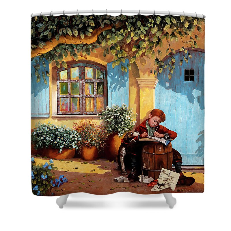 Studying Norman Rockwell Shower Curtain featuring the painting Il Piccolo Scrivano by Guido Borelli
