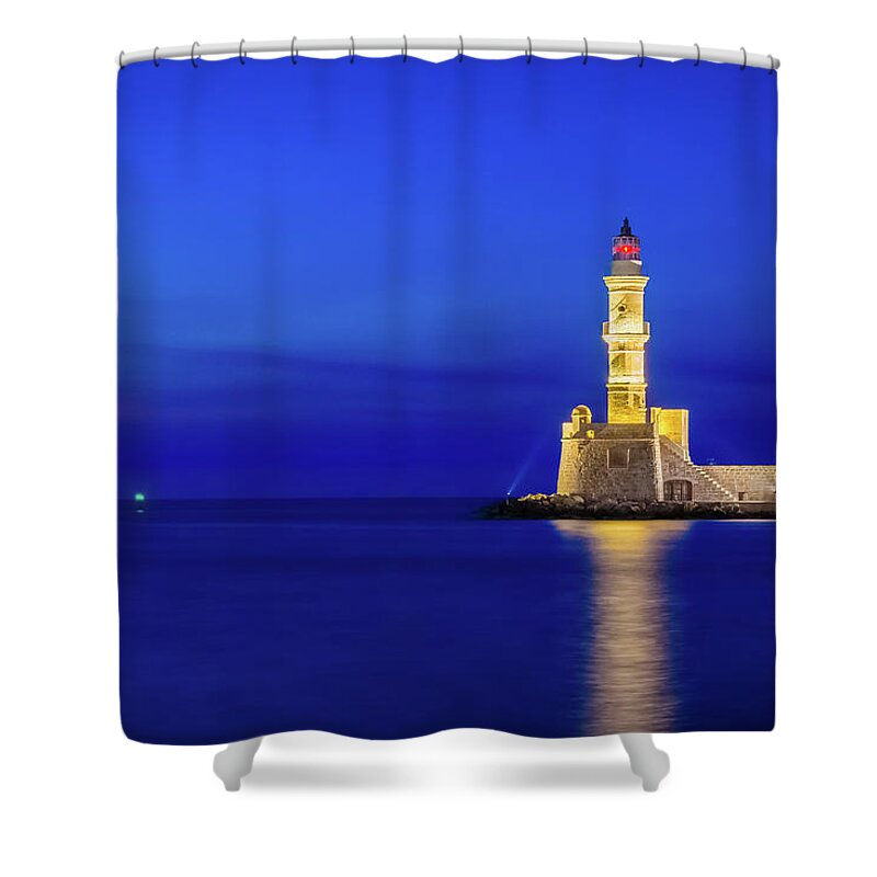 Lighthouse Shower Curtain featuring the photograph Illuminated lighthouse of Chania by Alexios Ntounas