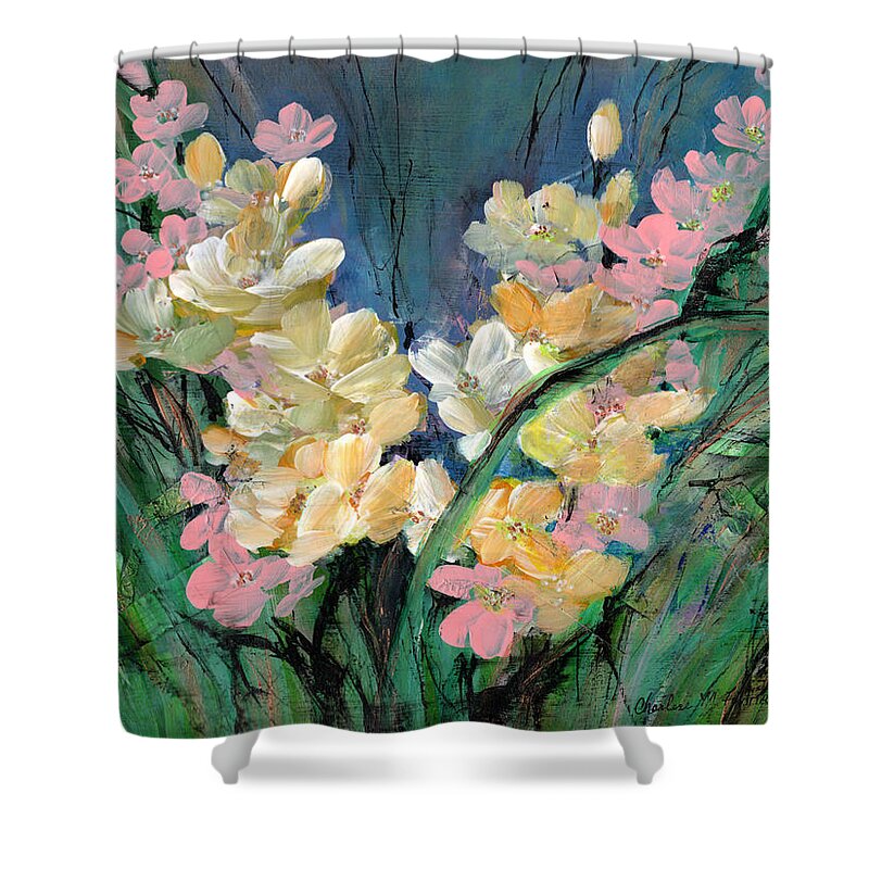 Flowers. Dancing Shower Curtain featuring the painting Imaginary Garden - Dancing in the Wind by Charlene Fuhrman-Schulz