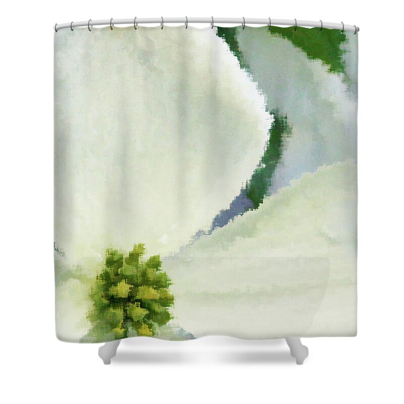 Dogwood; Dogwood Blossom; Blossom; Flower; Impressionist; Macro; Close Up; Petals; Green; White; Blue; Calm; Square; Pastel; Leaves; Tree; Branches Shower Curtain featuring the digital art Impression Dogwood 4 by Tina Uihlein