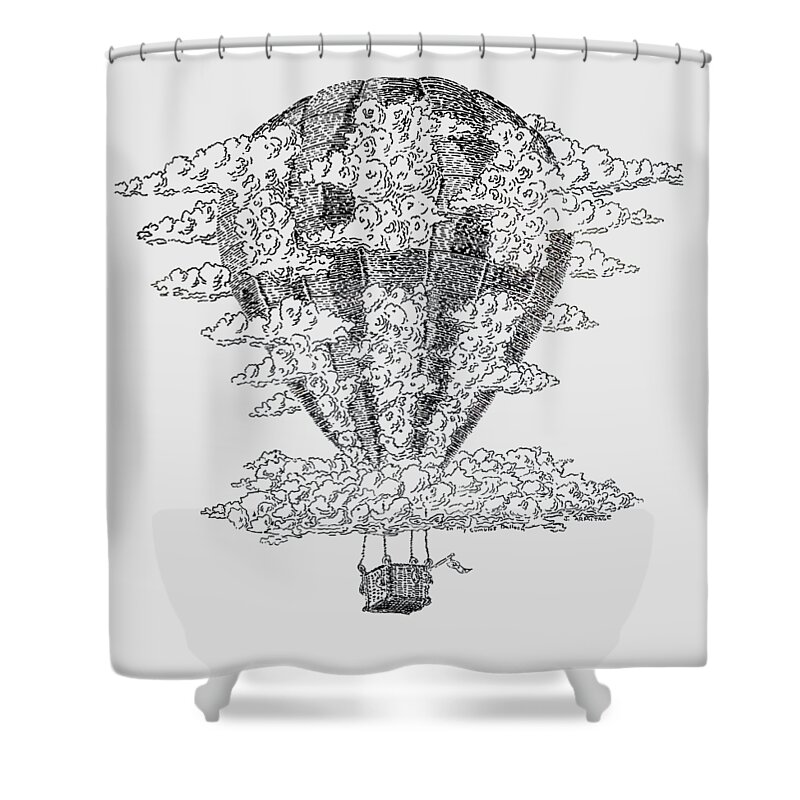 Hot Air Balloon Shower Curtain featuring the drawing In My Cumulous Balloon by Jenny Armitage