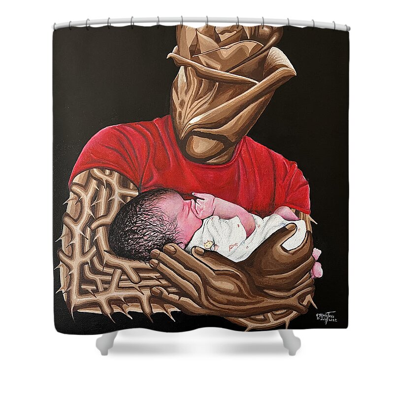Baby Shower Curtain featuring the painting In My Father's Arms by O Yemi Tubi