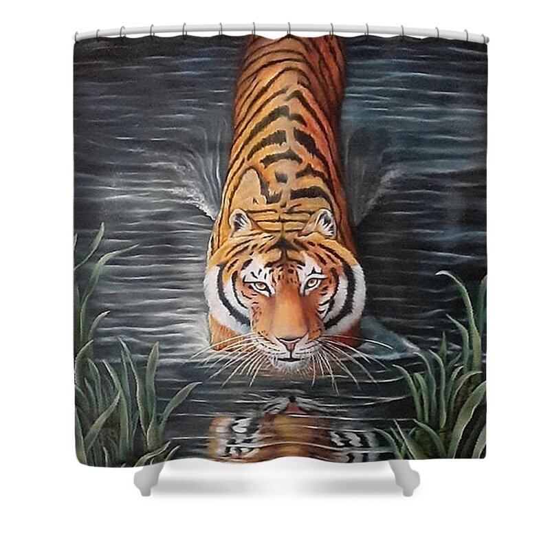 Tiger In Water Shower Curtain featuring the painting In My Way by Ruben Archuleta - Art Gallery