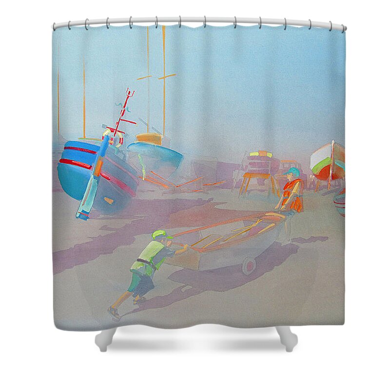 Boats Shower Curtain featuring the painting In The Boatyard by Charles Stuart