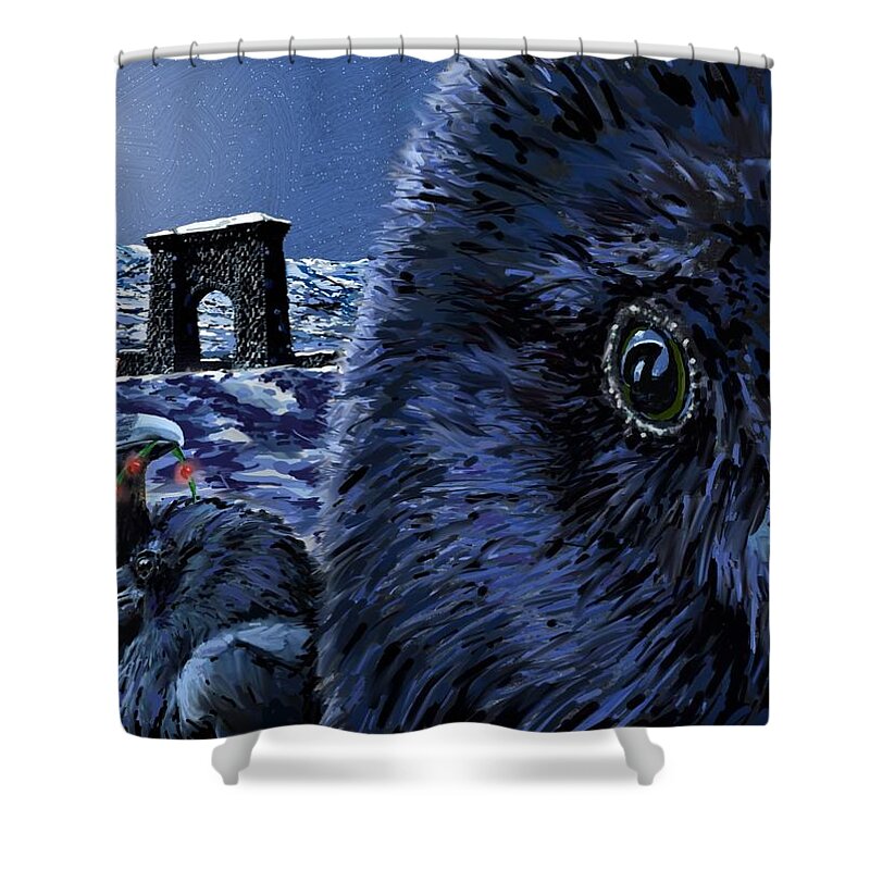 Raven Christmas Cards Shower Curtain featuring the digital art In the Eye of the Raven, For the Benefit and Enjoyment of the People by Les Herman