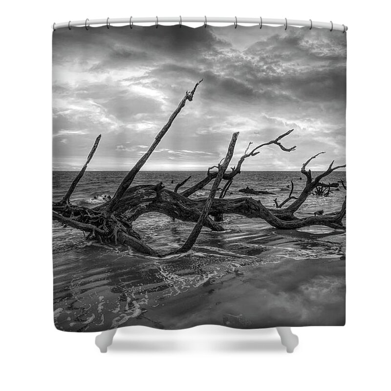 Clouds Shower Curtain featuring the photograph Incoming Waves Jekyll Island Dawn Black and White by Debra and Dave Vanderlaan