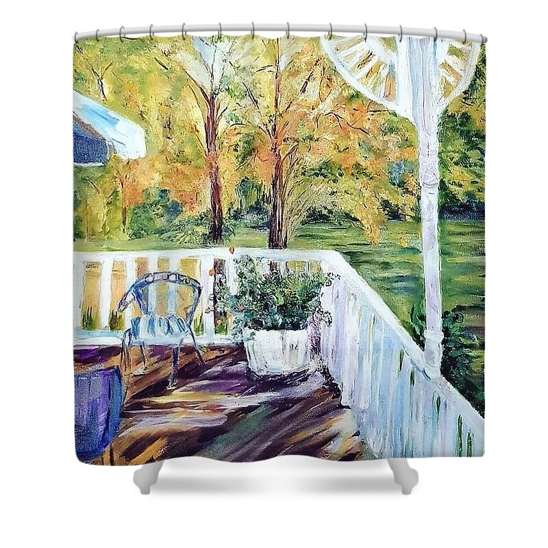 Landscapes Shower Curtain featuring the painting Indian Creek by Julie TuckerDemps