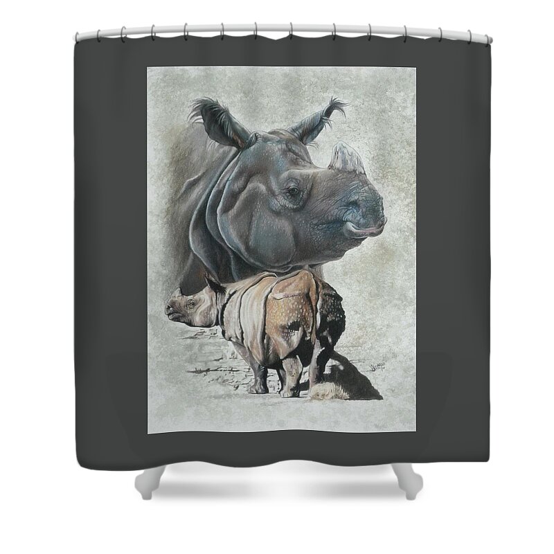 Rhino Shower Curtain featuring the mixed media Vulnerable by Barbara Keith