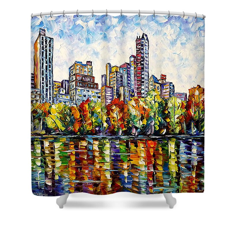 Colorful Cityscape Shower Curtain featuring the painting Indian Summer In The Central Park by Mirek Kuzniar