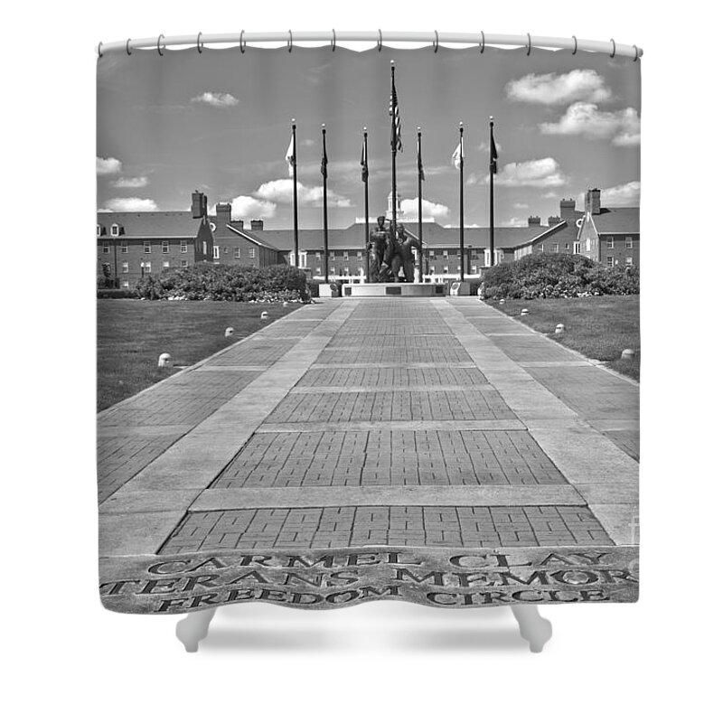 Carmel Shower Curtain featuring the photograph Indiana Carmel Clay Veterans Memorial Plaza Black And White by Adam Jewell
