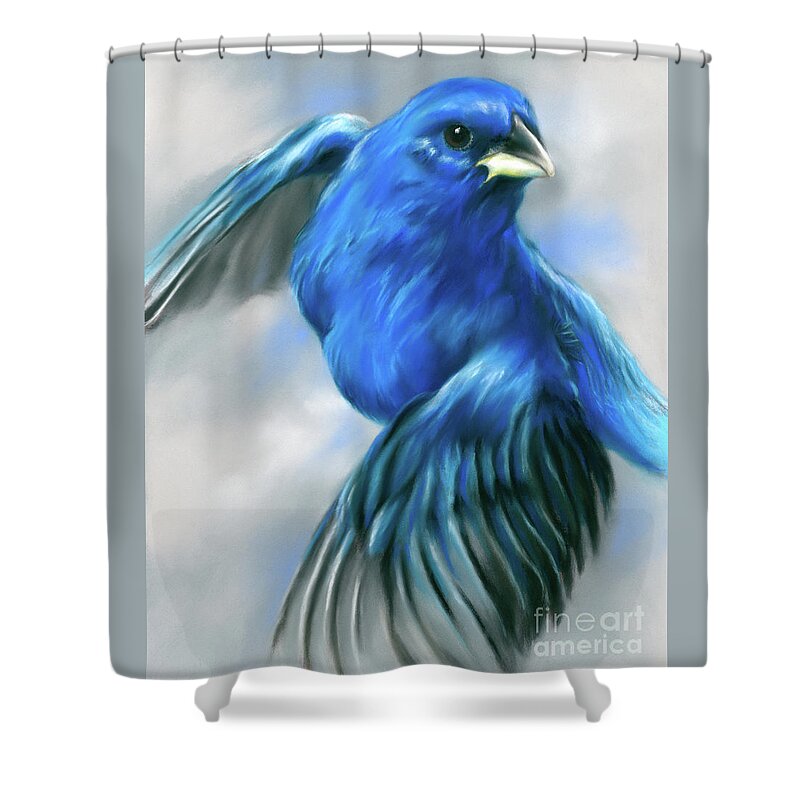 Bird Shower Curtain featuring the painting Indigo Bunting in Flight by MM Anderson