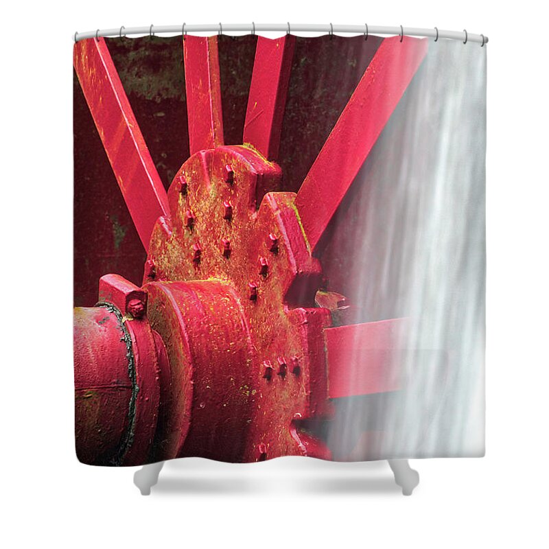 Industrial Photography Shower Curtain featuring the photograph Industrial Waterwheel at the Wayside Inn Grist Mill by Juergen Roth