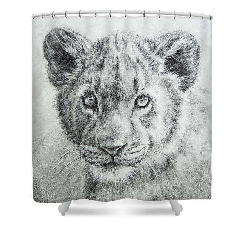 Lion Cub Shower Curtain featuring the drawing Innocence by Kirsty Rebecca