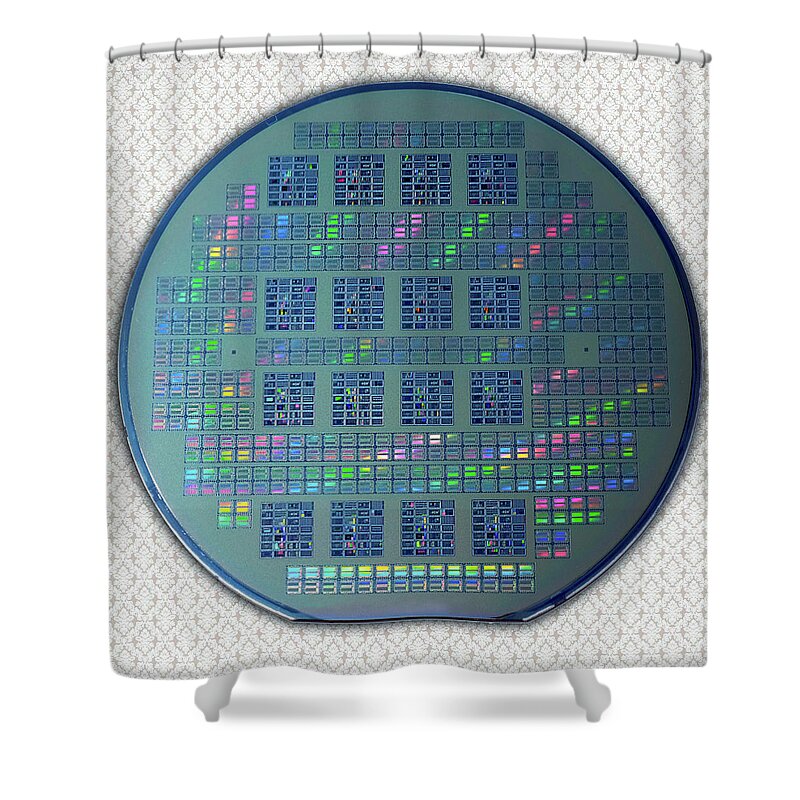 Intel Shower Curtain featuring the photograph Intel 4001 ROM CPU Silicon Wafer Chipset Integrated Circuit, Silicon Valley 1971 by Kathy Anselmo