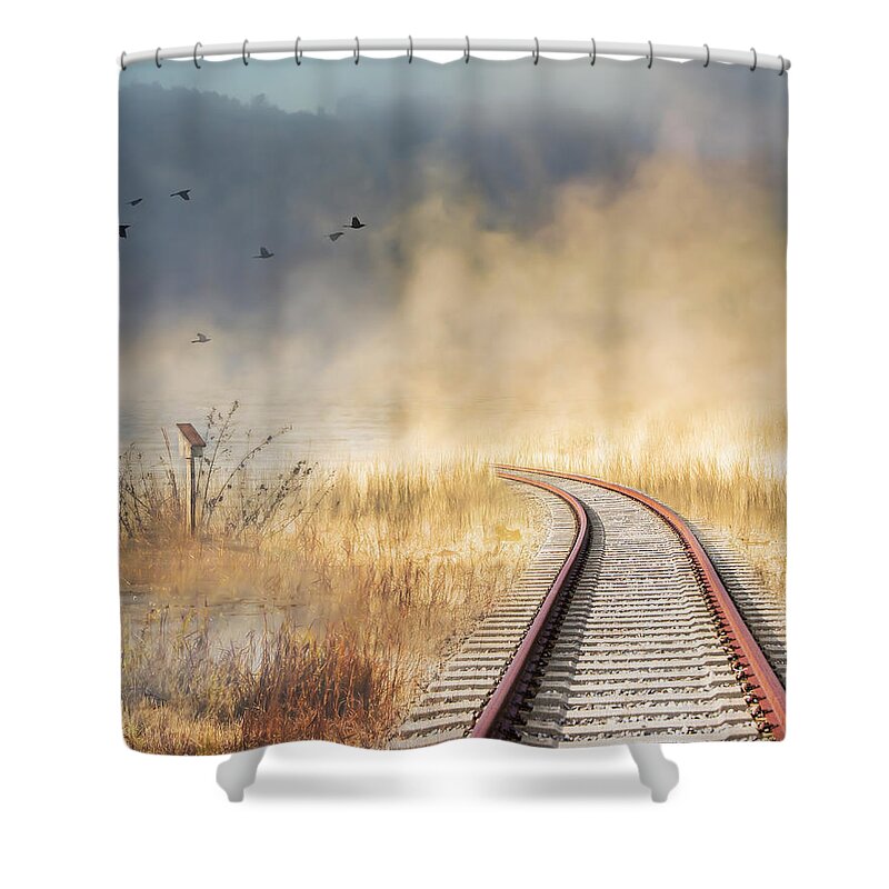 Train Tracks Shower Curtain featuring the photograph Into the Mist - Limited Edition by Shara Abel