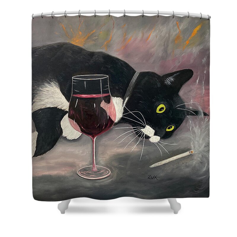 Karen Zuk Rosenblatt Shower Curtain featuring the painting Intoxicate Cat Sq. by Karen Zuk Rosenblatt
