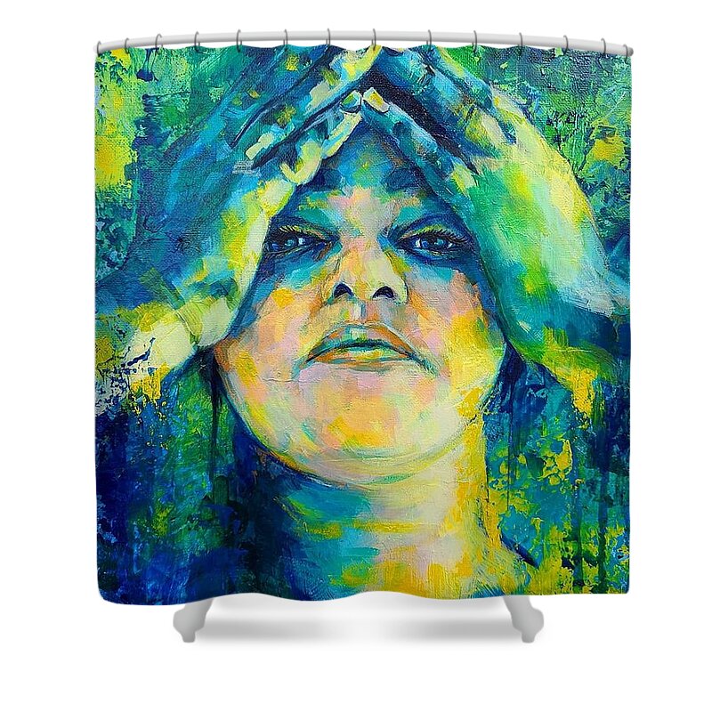 Bold Portrait Painting Shower Curtain featuring the painting Introspection by Luzdy Rivera