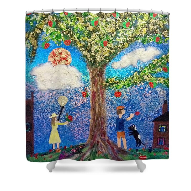 Tree Shower Curtain featuring the mixed media Investigating Gravity by David Westwood