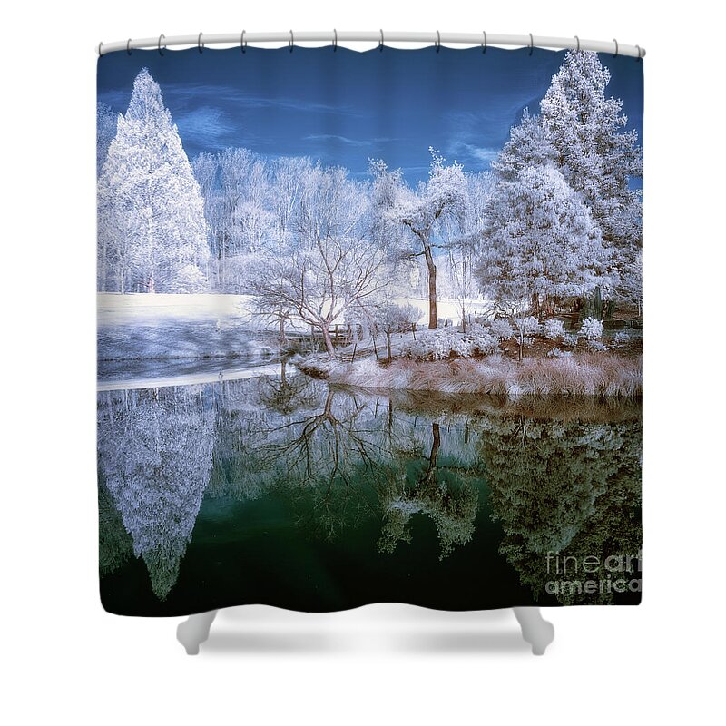 Infrared Shower Curtain featuring the photograph IR reflections in a park - faux color by Izet Kapetanovic