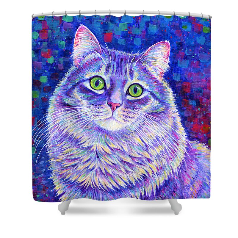 Gray Tabby Shower Curtain featuring the painting Iridescence - Colorful Gray Tabby Cat by Rebecca Wang