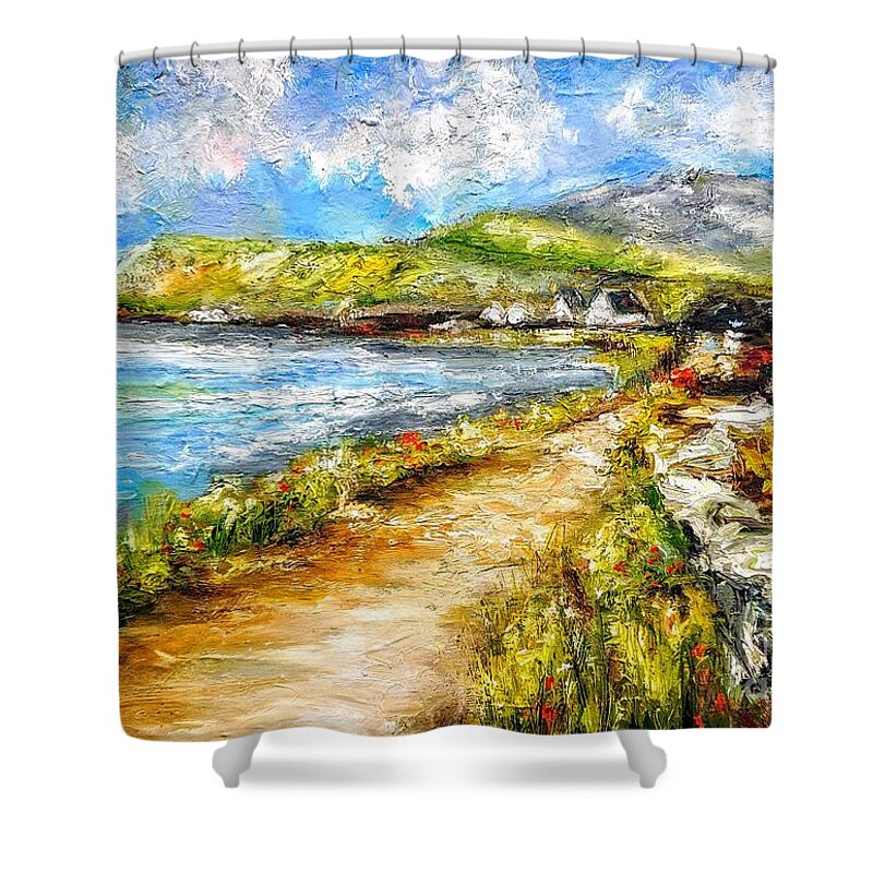 County Clare Ireland Art Shower Curtain featuring the painting Irish landscape paintings county clare Ireland by Mary Cahalan Lee - aka PIXI
