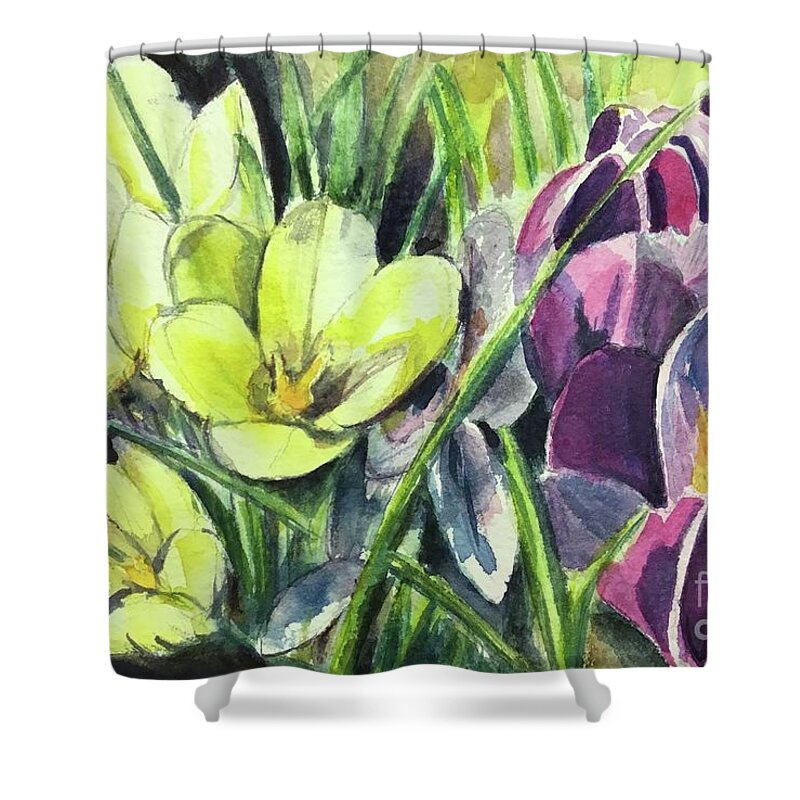 Crocus Shower Curtain featuring the painting Is spring near? by Sonia Mocnik