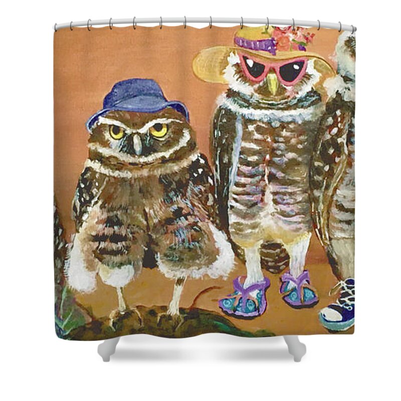 Burrowing Owls Shower Curtain featuring the painting Island Owls by Linda Kegley