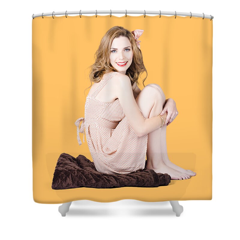 Beauty Shower Curtain featuring the photograph Isolated pinup girl sitting on soft blanket by Jorgo Photography