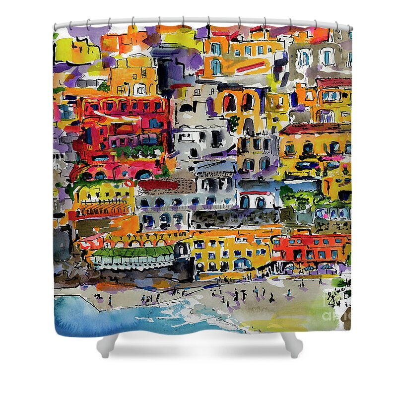 Amalfi Coast Shower Curtain featuring the painting Italy Amalfi Coast Positano Cliff Houses by Ginette Callaway