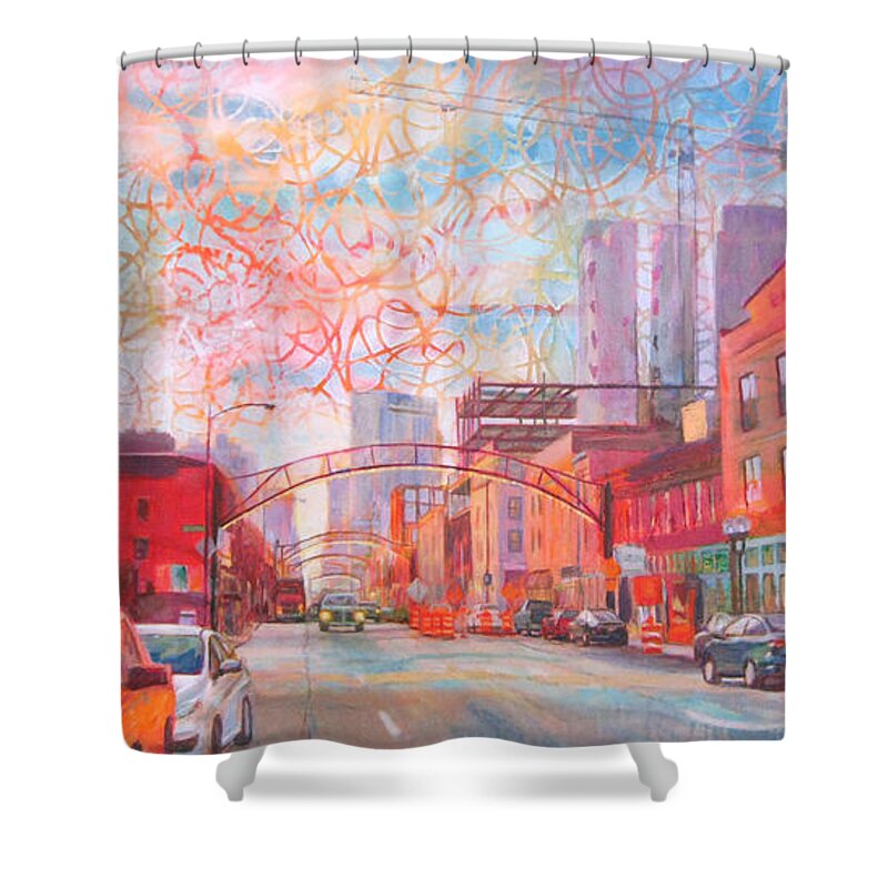 Festive Shower Curtain featuring the painting It'll Be Grand Columbus Short North by Robie Benve