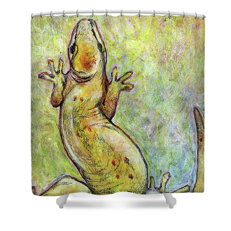 Gecko Shower Curtain featuring the mixed media It's a Gecko by AnneMarie Welsh