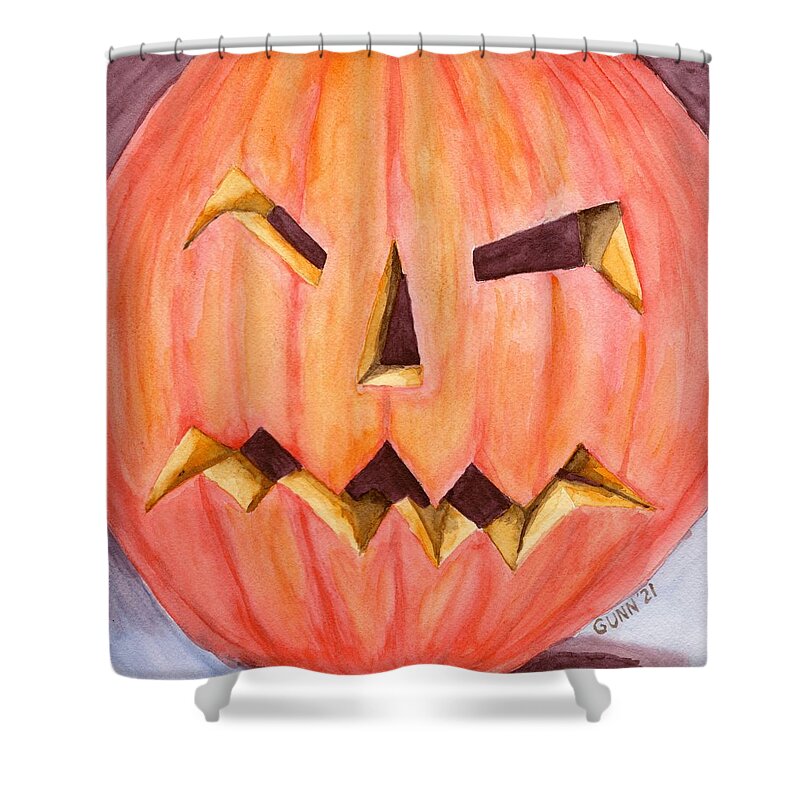 Pumpkin Shower Curtain featuring the painting Jack O Lantern by Katrina Gunn