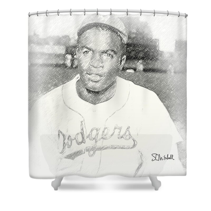 New York Shower Curtain featuring the drawing Jackie Robinson by Steve Mitchell