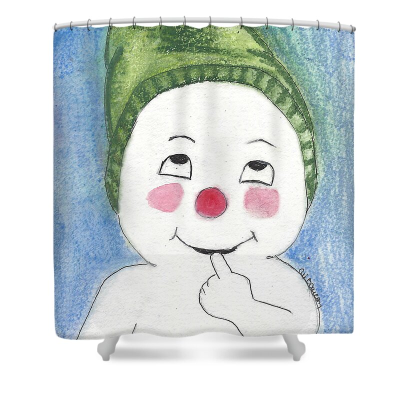 Snowman Shower Curtain featuring the painting Jacques Frost Snowman with Rosy cheeks and a Green Toboggan by Ali Baucom
