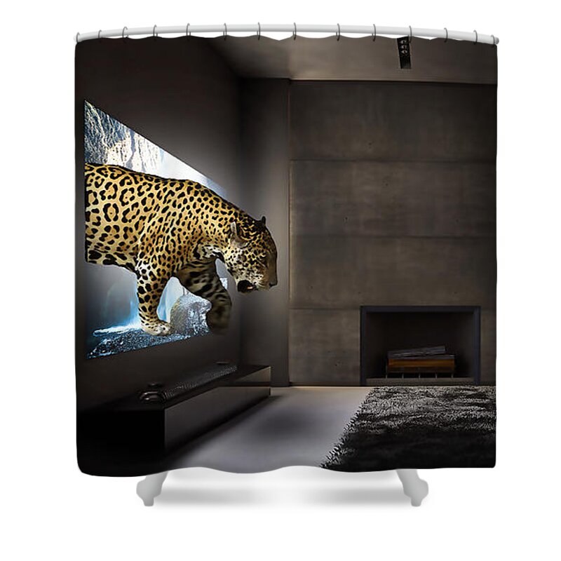 Jaguar Shower Curtain featuring the mixed media Jaguar Breach by Marvin Blaine