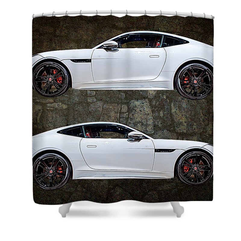 Auto Shower Curtain featuring the mixed media Jaguar F-Type Isolated on Stone Texture by Rick Deacon