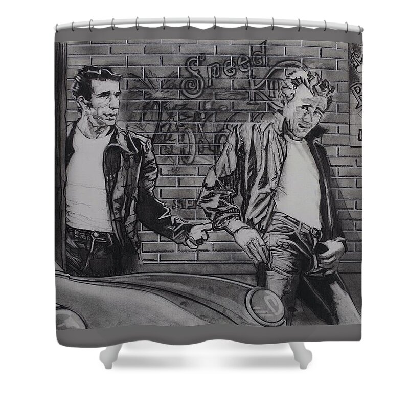 Charcoal Pencil On Paper Shower Curtain featuring the drawing James Dean Meets The Fonz by Sean Connolly