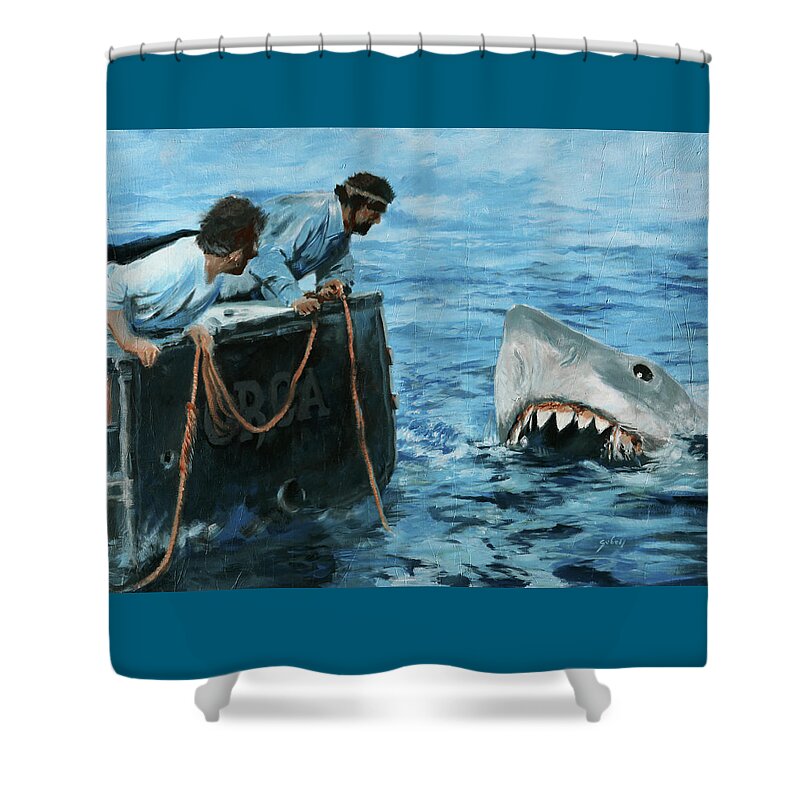 Jaws Shower Curtain featuring the painting Jaws tribute - A bigger boat by Sv Bell