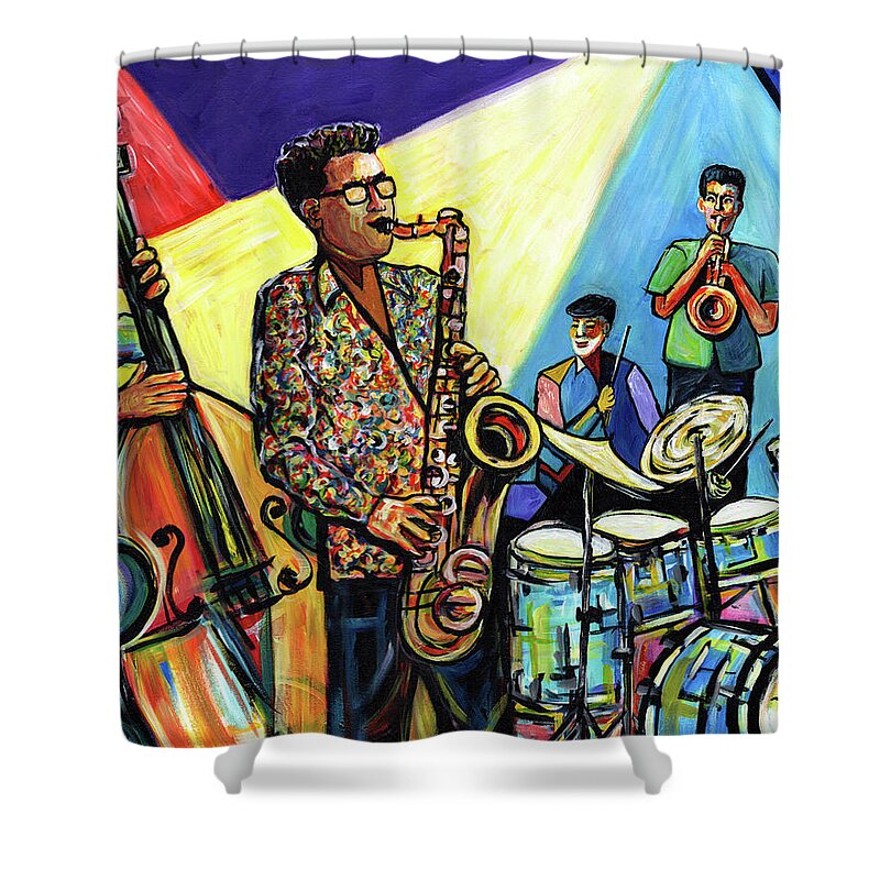 Abstract Art Shower Curtain featuring the painting Jazz at Timucua with Jeff Rupert Quartet by Everett Spruill