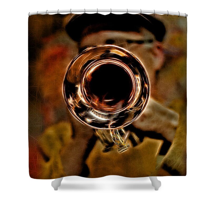 Trumpet Shower Curtain featuring the photograph Jazz 'Lectric by Carol Estes