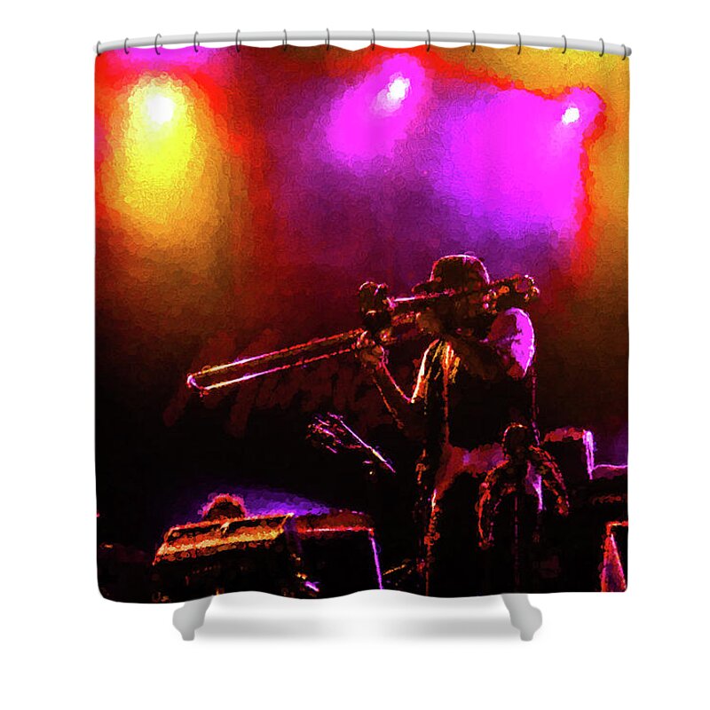 Jazz Shower Curtain featuring the digital art Jazz Trio - a Jam Session in Purple and Yellow by Georgia Mizuleva